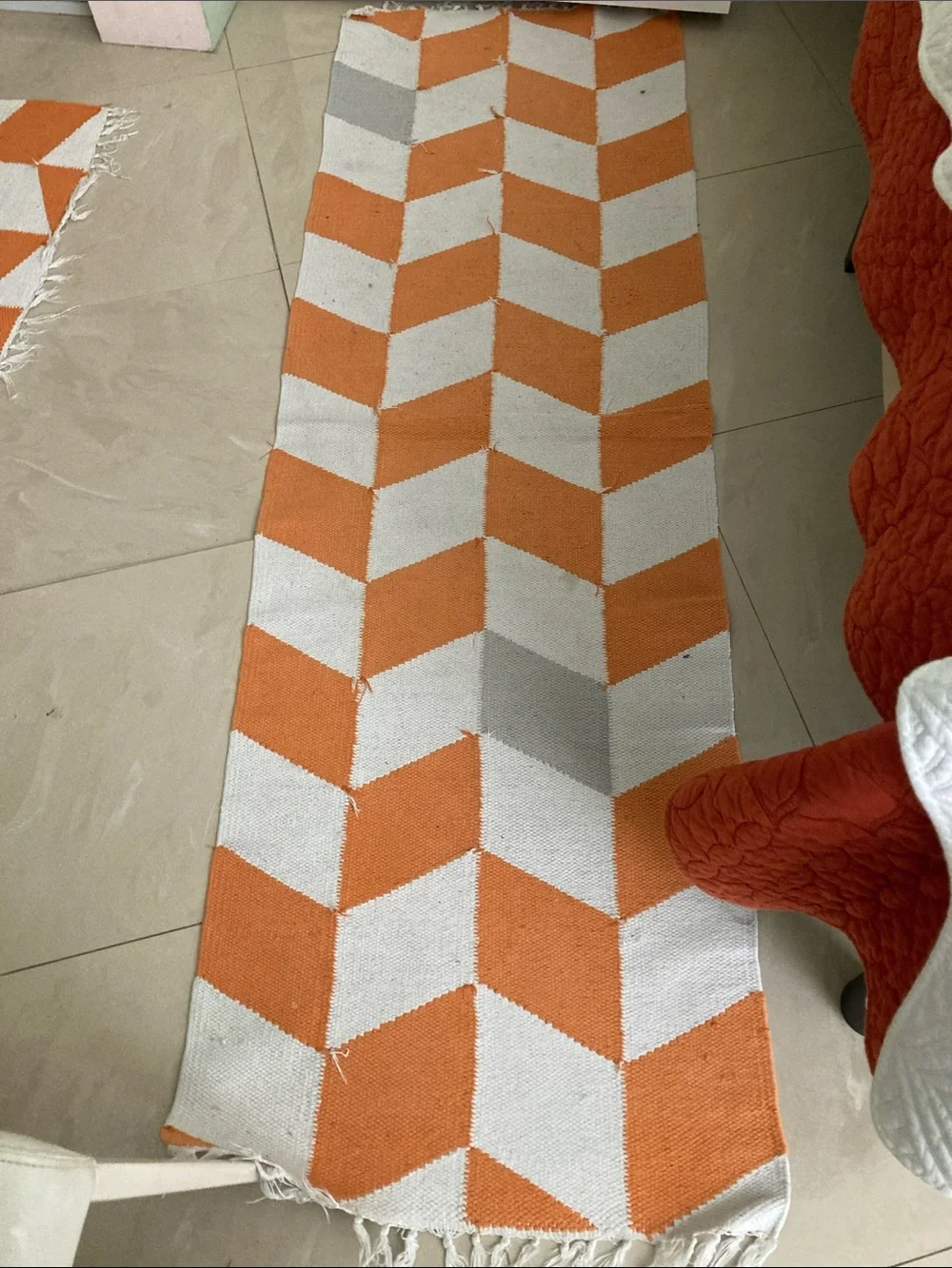 West Elm Orange and White Chevron Runner with Fringe set of 2